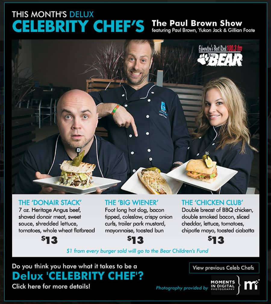 Yukon Jack, Paul Brown and Gillian Foote with their burger creations for Delux Burger's Celebrity Chef Campaign