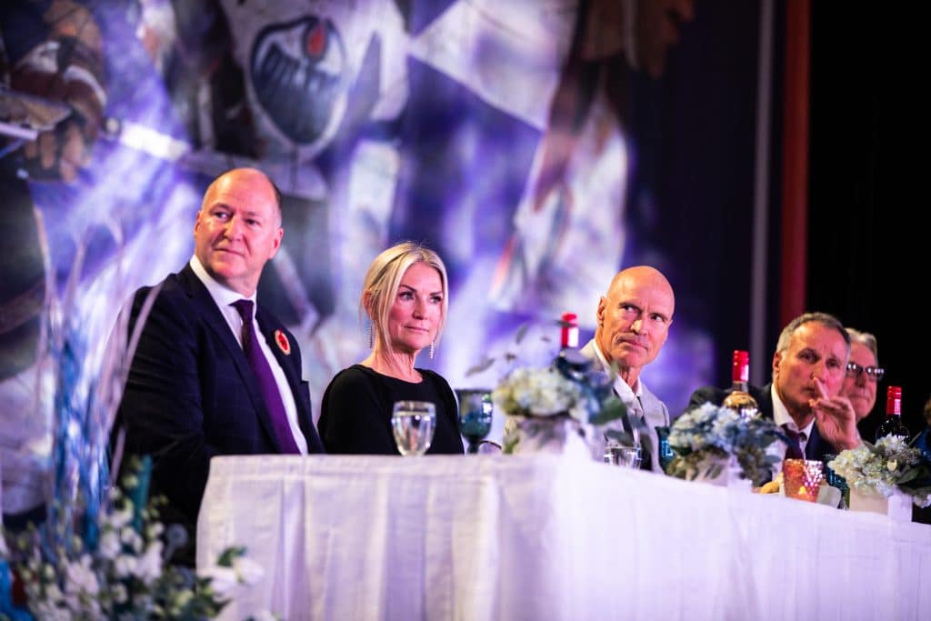 Kevin Lowe, his wife Karen, Mark Messier, Paul Coffey and Glen Anderson look on at Kevin's retirement Gala held in Ford Hal at Rogers Place in Edmonton