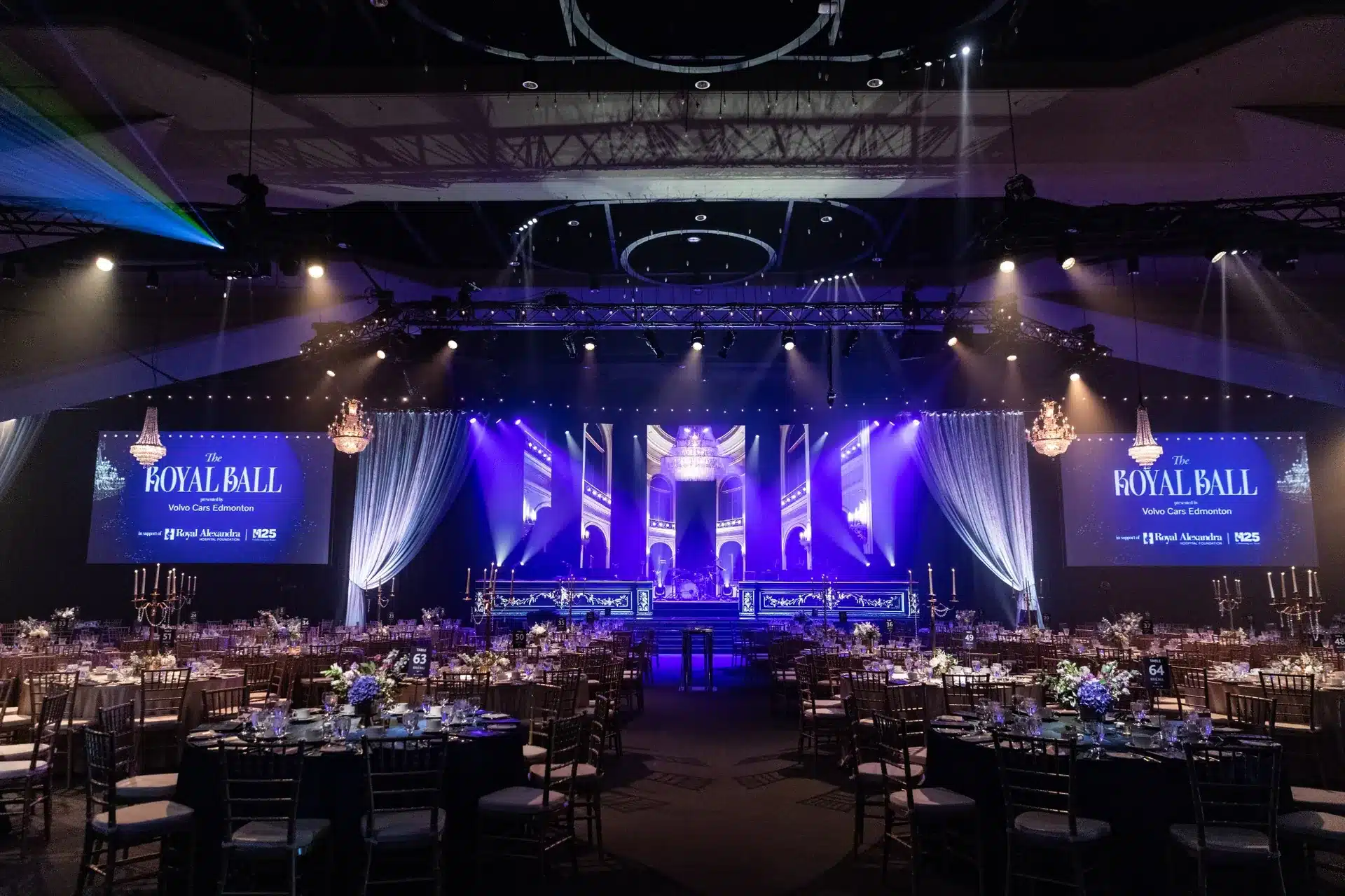 Royal Ball gala event in Edmonton with elegant stage lighting and banquet setup