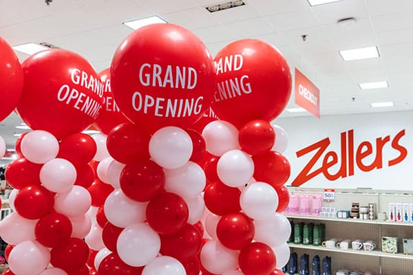 Edmonton commercial photography - balloons decorate the entrance for the grand opening of Zellers in Londonderry Mall
